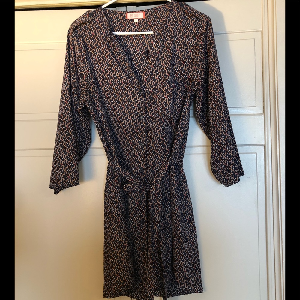 Best Society belted shirtdress, large. Navy/brown
